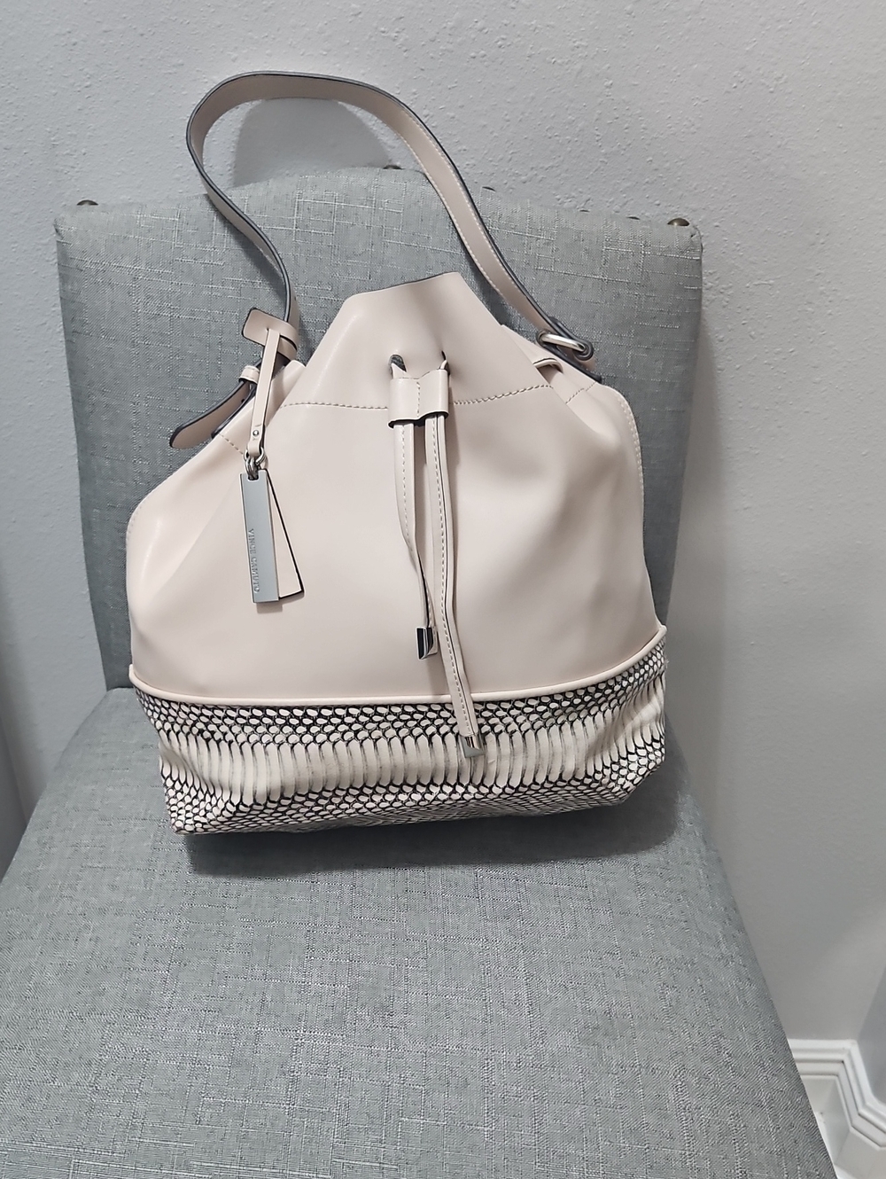 Vince Csmuto Leila Bucket Bag Blush Drawstring  with Snake Skin Textured Base